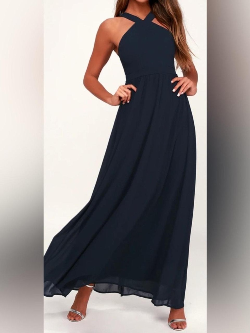 Lulu's Navy Blue Prom Dress with Crossback Straps